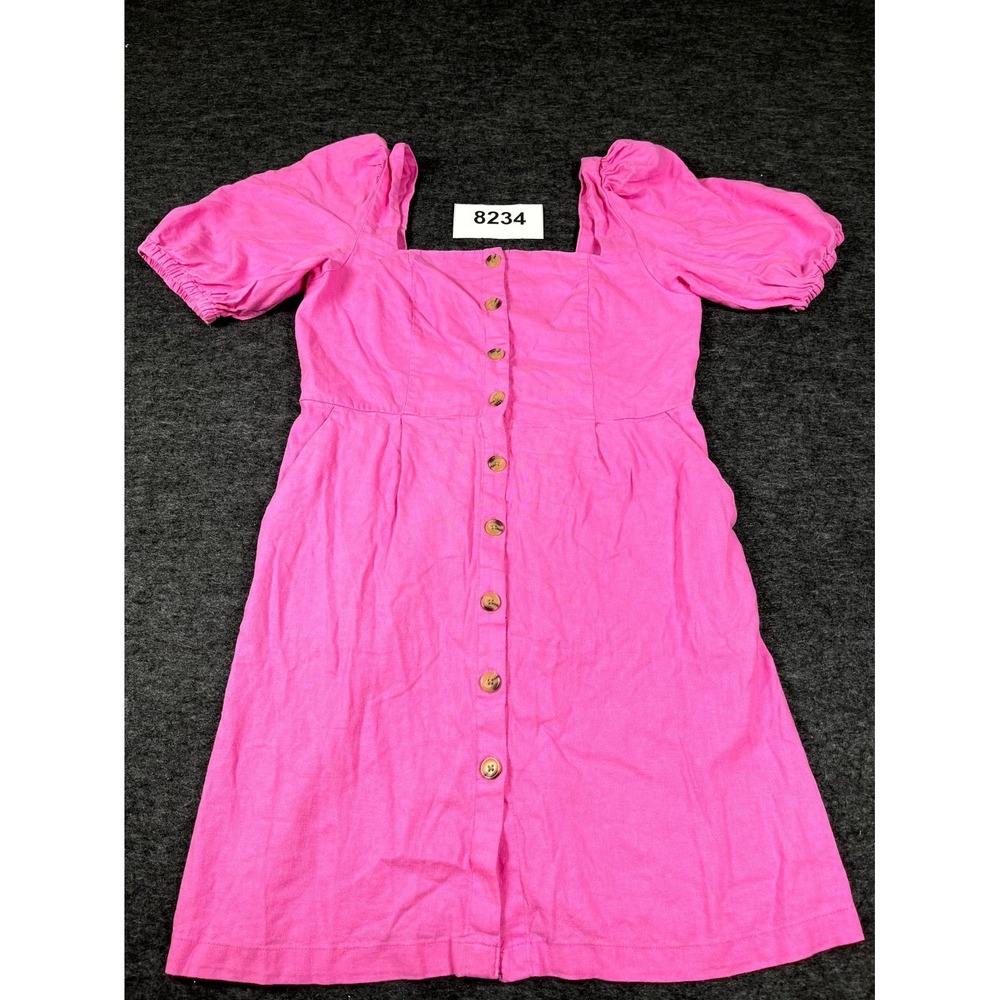 Old Navy Mini Dress Womens Medium Pink Linen Square Neck Puff Sleeve Smocked Bac